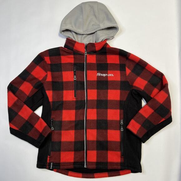Snap-On Jacket Mens Medium Red Black Buffalo Plaid Fleece Hooded Pinewood Sport - Picture 1 of 14